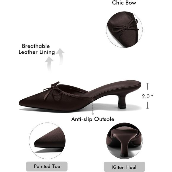 🆕 Women's Chocolate Satin Kitten Heels Mules Bow Pointed Toe Dress Party Pumps - Picture 5 of 6